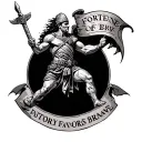 Roman gladiator fighting with a banner of fortune favors the brave in latin tattoo design idea
