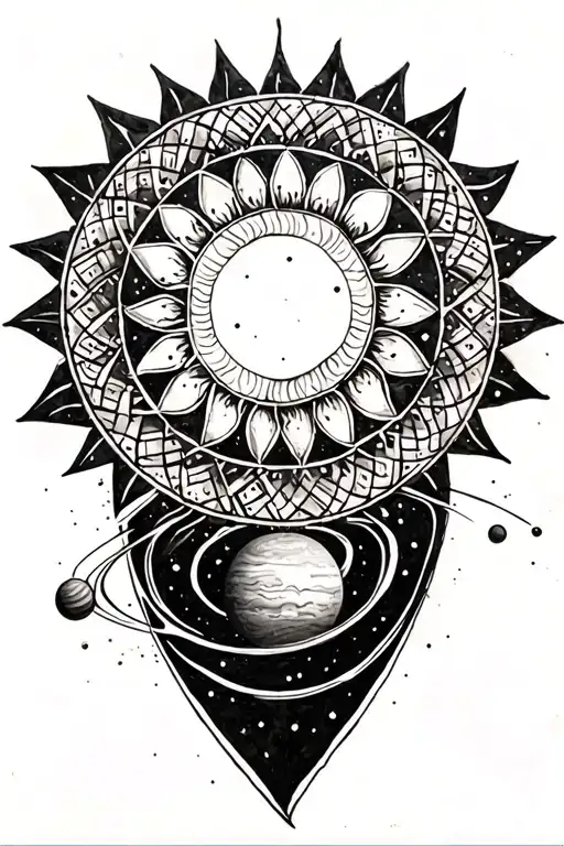 A mandala-style sun with planets orbiting in a geometric pattern, symbolizing positivity and balance. tattoo design idea