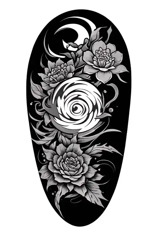 bicep sleeve tattoo featuring some cool unique tribal, with Japanese symbols involving family and zen tattoo design idea