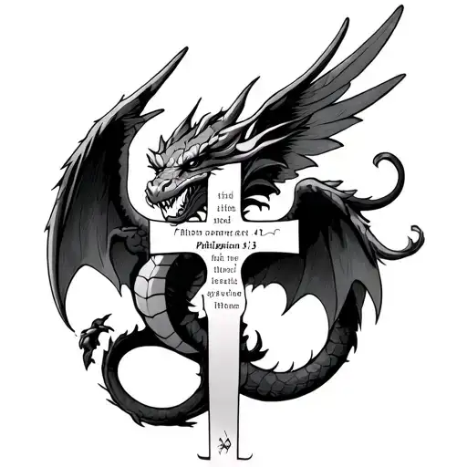 Shenron Dragon with religious cross with angel wings and "Philippians 4:13" quote  tattoo design idea
