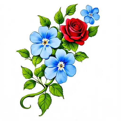 S-shaped scrolling green vine with three large blue forget-me-nots, intertwined with a red rose tattoo design idea