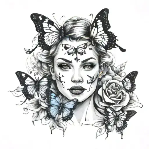 women headshot with butterflies flying tattoo design idea