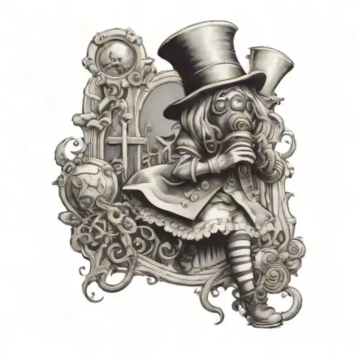 alice in wonderland wearing a gasmask on a graveyard tattoo design idea