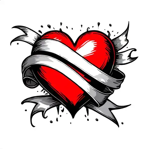red heart with banner wrapping tattoo design idea