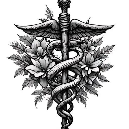 Rod of Asclepius with foliage around the staff, floral  tattoo design idea