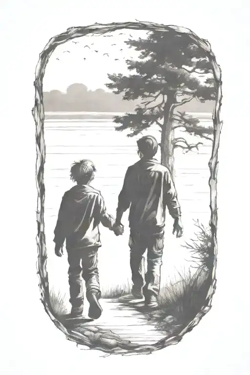 siloutte of an older brother and younger brother walking away holding hands tattoo design idea