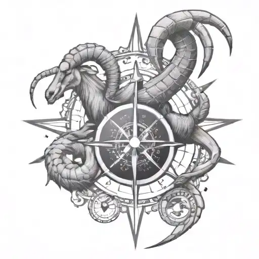 A tattoo of a majestic scorpion and goat intertwined, representing the Scorpio and Capricorn zodiac signs, with a compass rose in the background symbolizing your passion for travel tattoo design idea