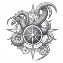A tattoo of a majestic scorpion and goat intertwined, representing the Scorpio and Capricorn zodiac signs, with a compass rose in the background symbolizing your passion for travel tattoo design idea