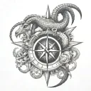 A tattoo of a majestic scorpion and goat intertwined, representing the Scorpio and Capricorn zodiac signs, with a compass rose in the background symbolizing your passion for travel tattoo design idea