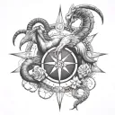 A tattoo of a majestic scorpion and goat intertwined, representing the Scorpio and Capricorn zodiac signs, with a compass rose in the background symbolizing your passion for travel tattoo design idea