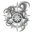 A tattoo of a majestic scorpion and goat intertwined, representing the Scorpio and Capricorn zodiac signs, with a compass rose in the background symbolizing your passion for travel tattoo design idea