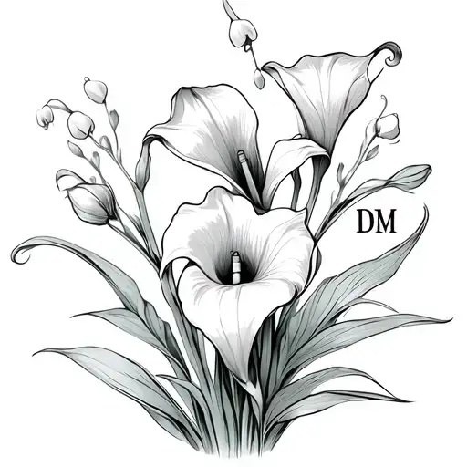 Calla Lillies and Lillies of the Valley. Include initials "DM". Make it elegant for a wedding.  tattoo design idea