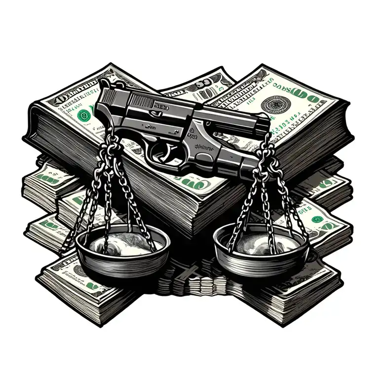 The scales of justice with a Bible on one side and a pistol on top of stacks of dollar bills on the other. tattoo design idea