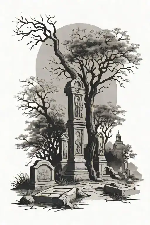 ancient Cemetery with trees  tattoo design idea