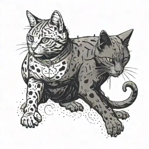 A tattoo design of a cat playing a horror-themed game, combining the client's love for animals, games, and horror in a dotwork style tattoo design idea