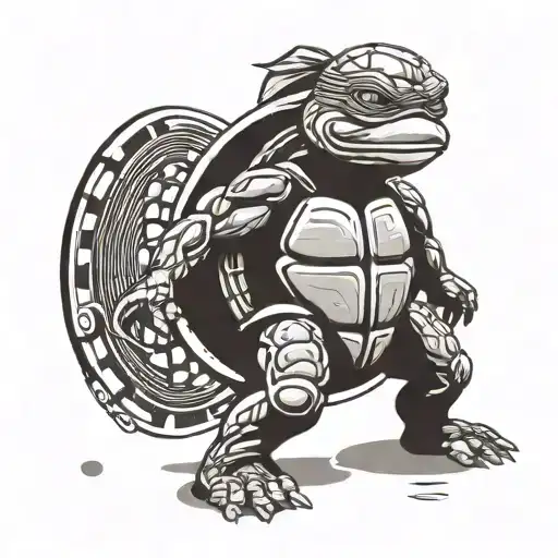 A tattoo design of a ninja turtle playing pickleball with a subtle rap music theme incorporated in the background tattoo design idea