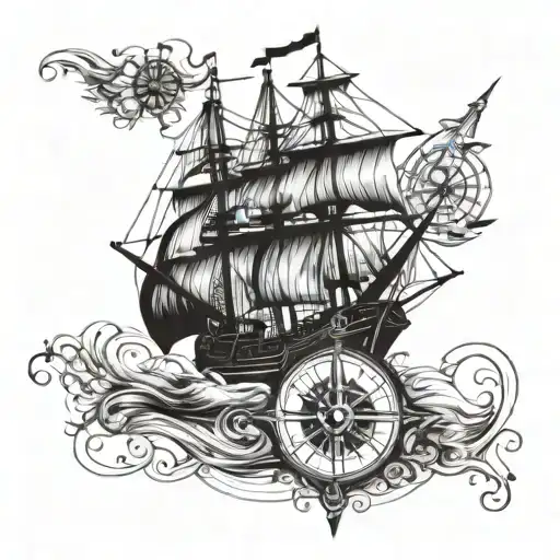 old ship and compass tattoo design idea