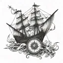 old ship and compass tattoo design idea