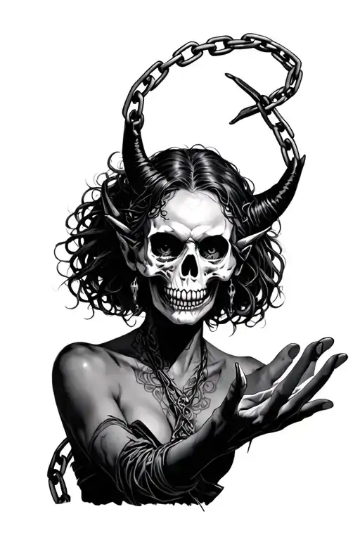 demon girl/half skull face and chains wrapped reaching out with one hand  tattoo design idea