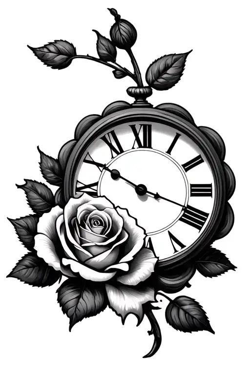 Roman numeral clock, rose tattoo design idea