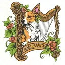 dog with ivy vines and irish harp with angel tattoo design idea