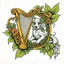 dog with ivy vines and irish harp with angel tattoo design idea