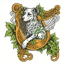 dog with ivy vines and irish harp with angel tattoo design idea