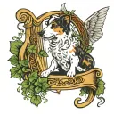 dog with ivy vines and irish harp with angel tattoo design idea