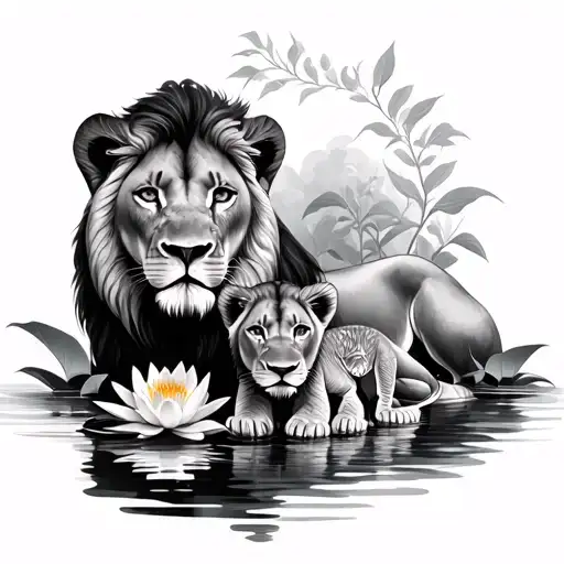 female lion with 2 cubs and water lillies tattoo design idea