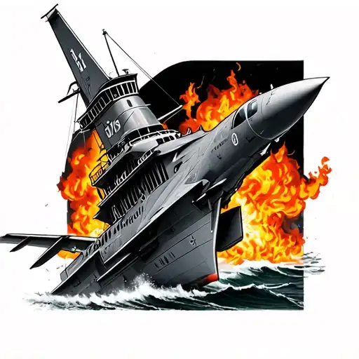 I want the words burn the boats and right on top a burning boat idk what to put in middle but I want a fighter jet plane tattoo design idea