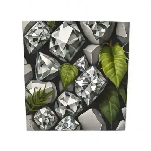 Pile of diamonds scattered on grey stones with jungle leaves in background tattoo design idea