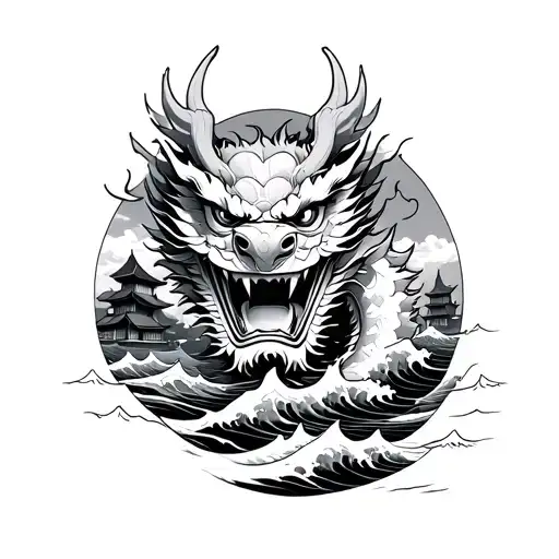 japanese dragon and oni mask surrounded by waves and a japanese village tattoo design idea