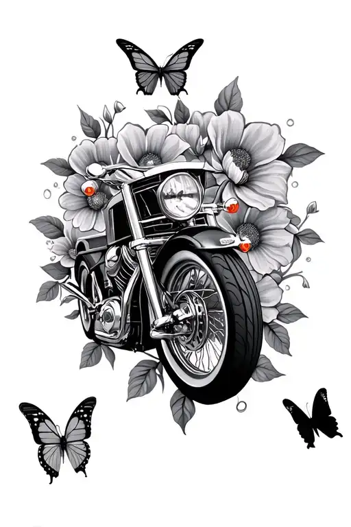 semi truck motorcycle flowers butterfly's tattoo design idea
