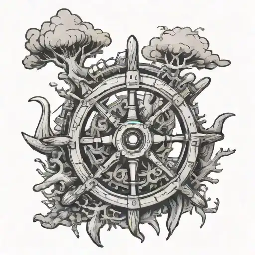 wooden pirate ship wheel surrounded by coral tattoo design idea