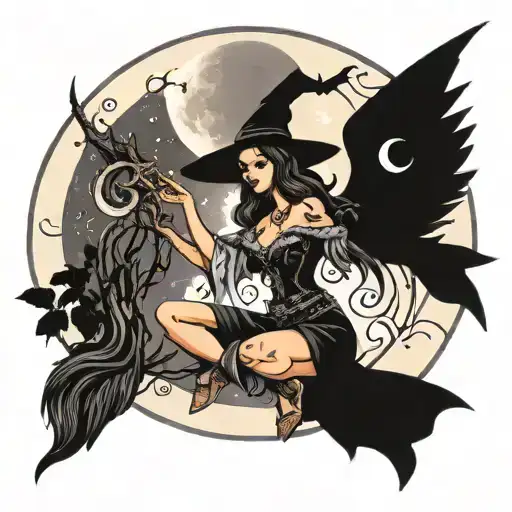A neotraditional design of a witch casting a spell under a full moon, with intricate religious symbols incorporated into the design tattoo design idea