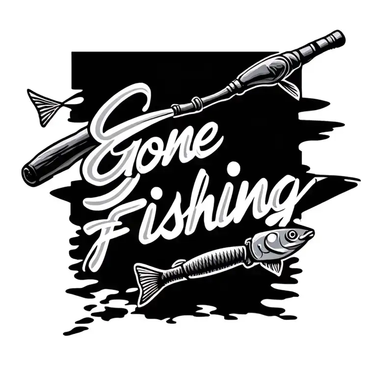 Fishing pole with the line spelling out "gone fishing" in cursive  tattoo design idea