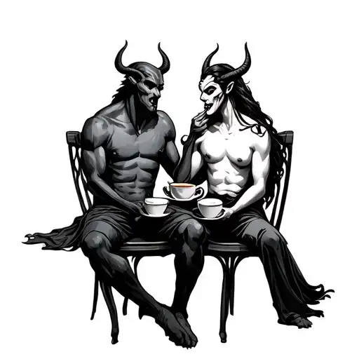 god and devil sitting together having coffee tattoo design idea