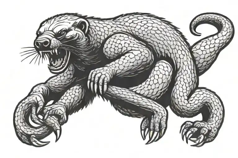 mean honey badger in wrestling stance with a snake head bitten off in one hand tattoo design idea