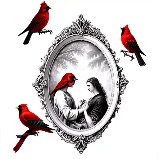 antique oval picture frame with lovers tarot picture in black and white withred cardinals around tattoo design idea