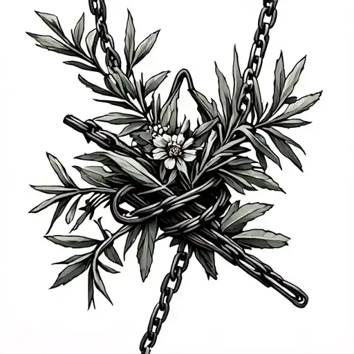 chicano tattoo, barbed wire and metal chains intertwined with rosemary (vines too); but wrap around a thigh  tattoo design idea