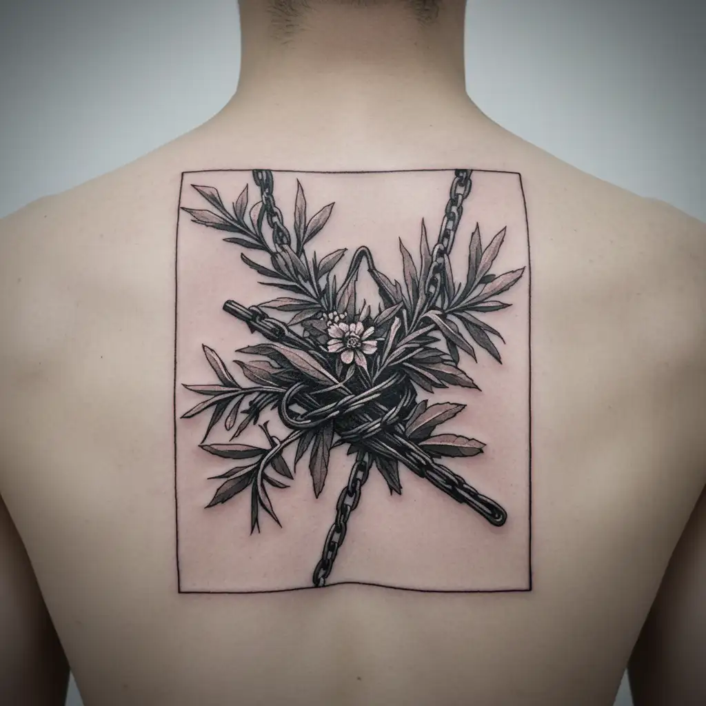 chicano tattoo, barbed wire and metal chains intertwined with rosemary (vines too); but wrap around a thigh  tattoo design idea