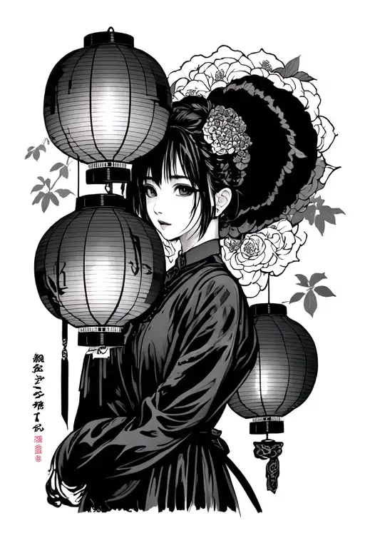 Japanese air lanterns, a girl of Asian appearance, minivan Honda Stepwgn tattoo design idea