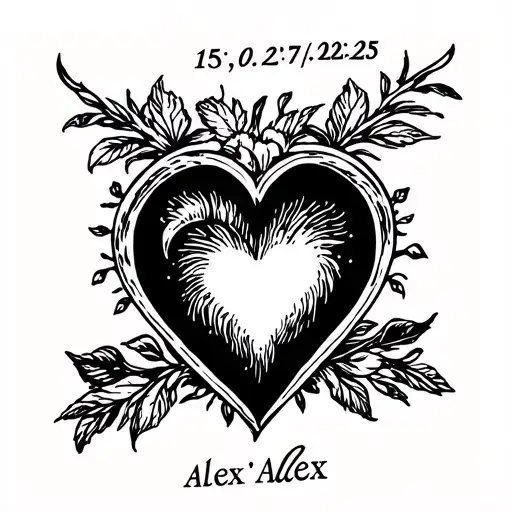 heart date"15.09.74 - 27.02.25 name"alex" written tattoo design idea