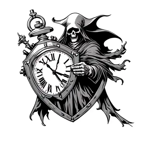 grimreaper holding pocketwatch shield tattoo design idea