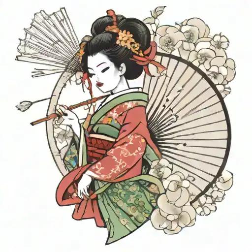 geisha holding fan tattoo design idea