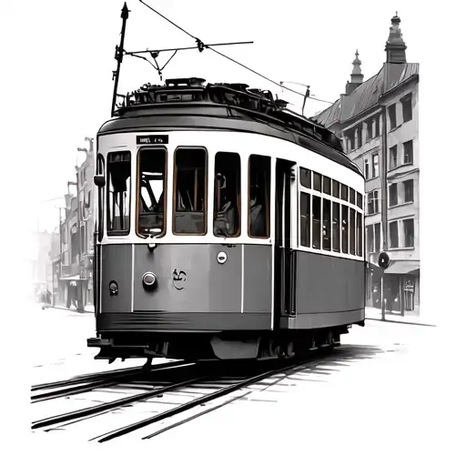 Tram going through town on forarm half sleeve negative. Above incorporate  military service medals. upper arm a mours ke tattoo design idea