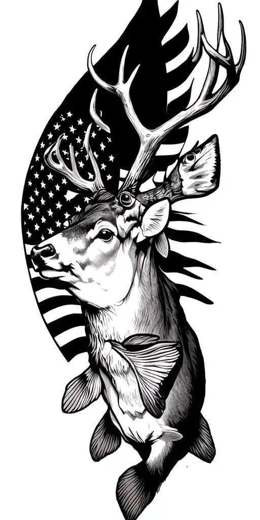 "In god we trust" "In god we trust" white tail deer and bass fish and American flag tattoo design idea