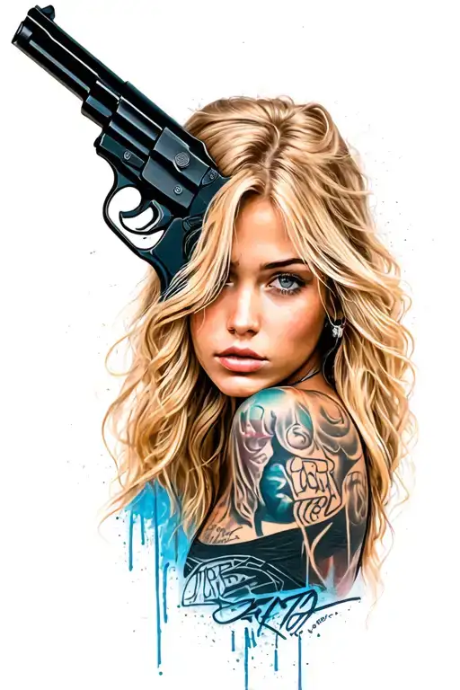 Graffiti , guns , the face of a beautiful blonde girl with regular features  tattoo design idea