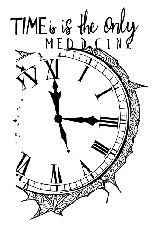 "time is the only medicine " broken clock face  tattoo design idea