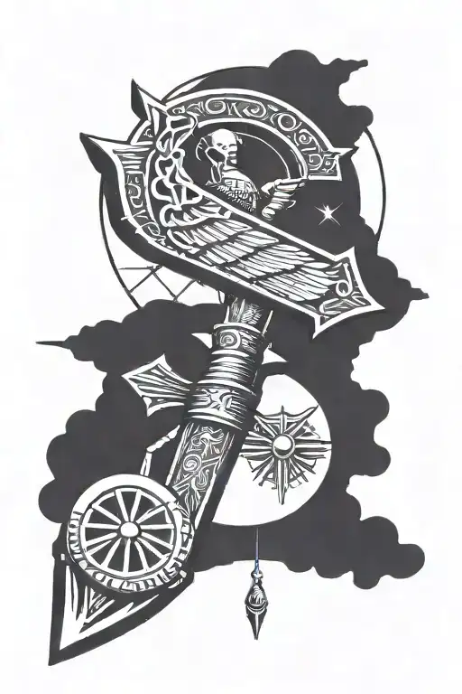 Ankh shaped dagger, egyptian scarab as the hand guard. Scale hanging from sides of the guard, moon and sun on scales tattoo design idea